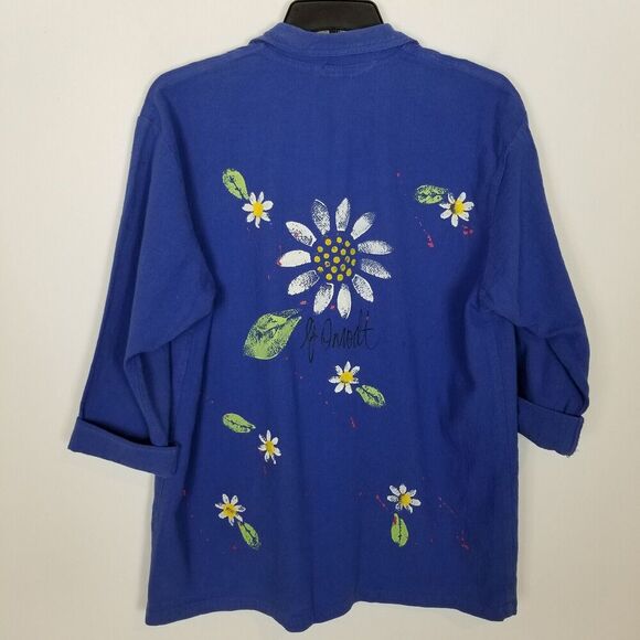 CMC Color Me Cotton Painted Floral Blazer Jacket Sz M Blue Button Up Artsy USA - Picture 4 of 7